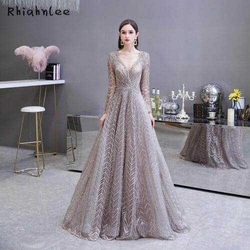 Dubai Long Sleeve Beach Evening Dresses Sexy V Neckline Lace Beaded Formal Gowns 2021 A Line Party Dress