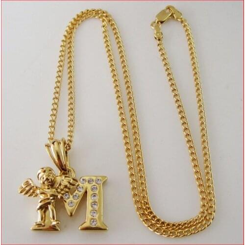 Foromance - YELLOW GOLD COLOR GP 18" CHAIN NECKLACE & ANGEL STANDING ON LETTER M HANGS 1.02 inch