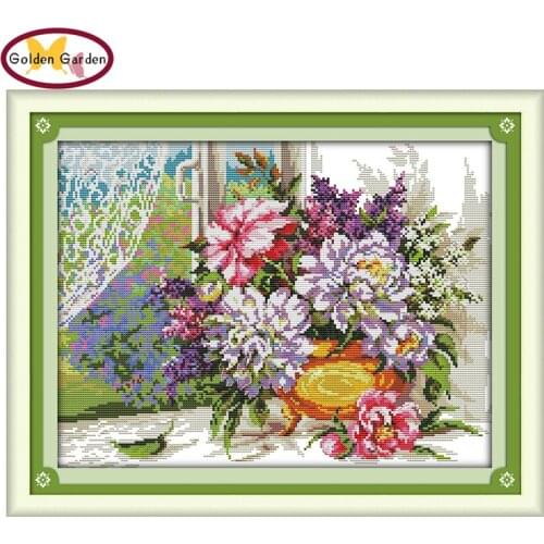 GG Flowers on The Windowsill Counted Cross Stitch Embroidery Needleworks Set Joy Sunday Cross Stitch Stamped Kits for Home Decor