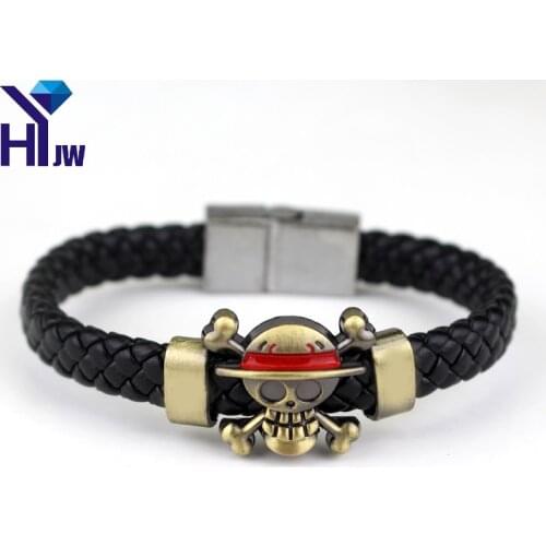 HEYu Hot Anime Cartoon Luffys Ship Flag Straw Hat Skeleton Logo Knit Leather Bracelet Cosplay Bangle Gift
