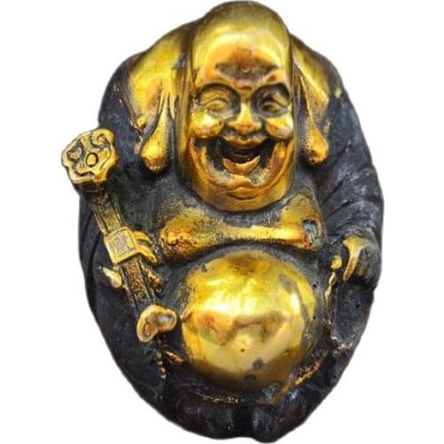 Chinese old Decoration Gold gilding Carving copper ruyi Buddha
