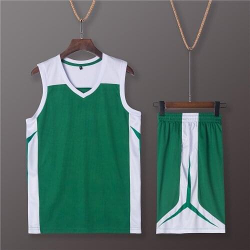 A414 Breathable Plain Green Basketball Set Top Shorts Split Joint Printed Side Panels Sleeveless Uniform 7 Colors For Selection