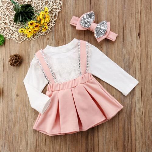 Kid Casual Clothing Set Lace Cotton Blend 3Pcs Baby Toddler Girls Kids Overalls Skirt +Headband+Romper Clothes Outfits 1-6Y