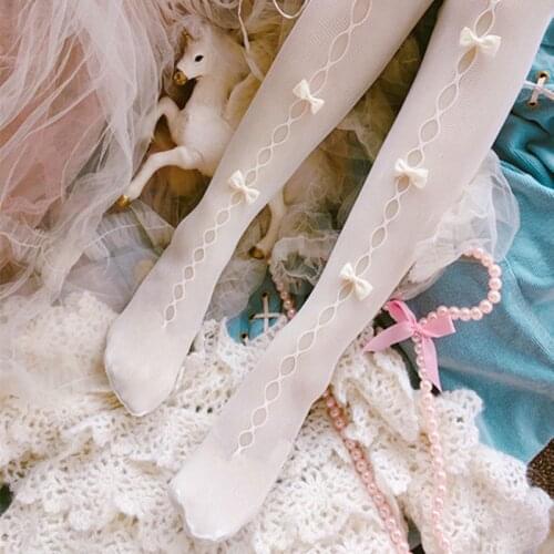 Japanese-style Sweet Womens Tights Lolita Hollow out Lace Silk Stockings Girls Vintage Bow Cute Pantyhose Female Hosiery