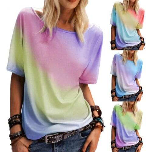 Fashion Women T-shirt Gradient Color O Neck Colorful Loose Casual Teee Tops T Shirts for Femme Daily Wear