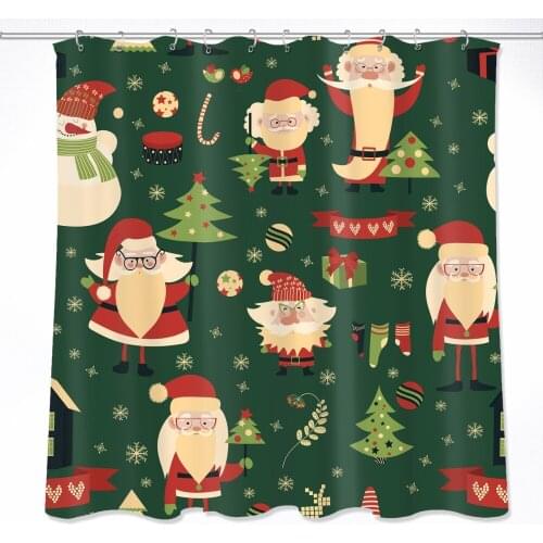 Cartoon Funny Santa Claus Reindeer Wreath Star Christmas Shower Curtain Waterproof Bathroom Long Fabric For Kids Bathtub Decor