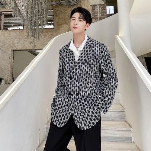 2021 Autumn Blazers Mens Printed Loose Casual Suit Jacket Blazer Man Korean Fashion Streetwear Celebrity Suit Coat Male