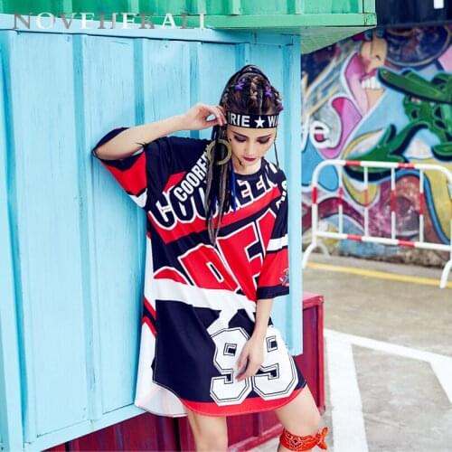 Summer personality New womens T-shirt Europe trend street graffiti clothing Tee youthful design loose long letter T-shirt