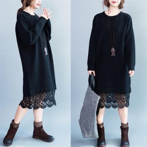 Plus Size 2020 Autumn Korean Ladies Patchwork Lace Thick Warm Fleece Long Sleeve Dress Ladies Female Big Loose Dresses Vestidos