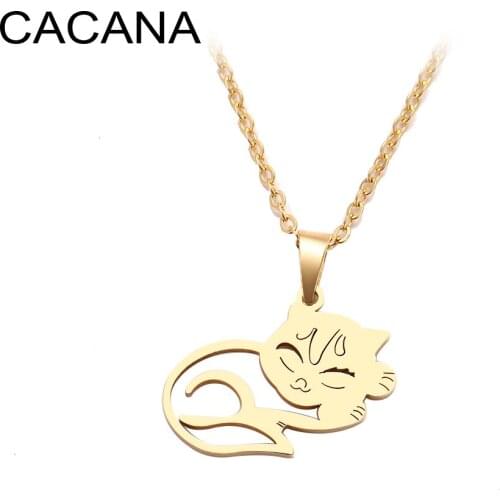 CACANA Stainless Steel Necklace For Women Sleeping Cat Gold And Silver Color Pendant Necklace Engagement Jewelry