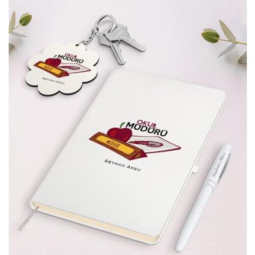 Personalized School Director White Notebook Pen and Keychain Gift Set