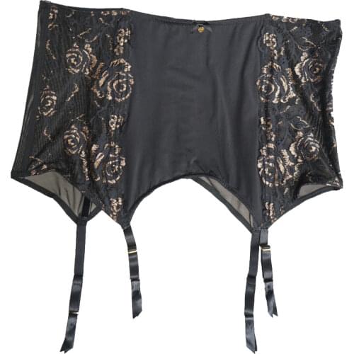 Sexy Garters Black Flower Print Women Sexy Suspender Belts High Waist Fishbones Metal Buckles Garter Belt for Stockings GA1140