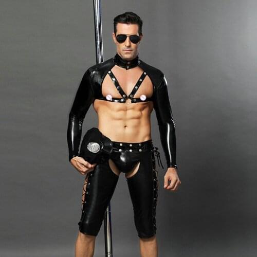 Hot Erotic Bar Nightclub Role Costume Men Sexy Police uniform Halloween Cosplay Costume fancy cops dress faux leather Sexy suit