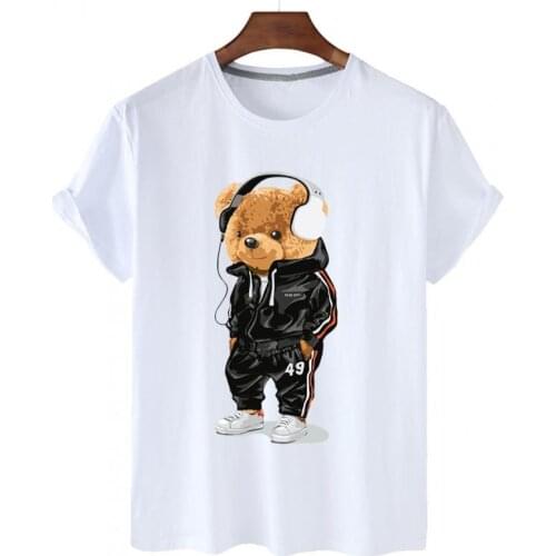 100% Cotton Earphones Bear Casual Top O-neck Loose Short-sleeved T-shirt Mens Plus Size T-shirt Mens And Womens Tops S-4XL