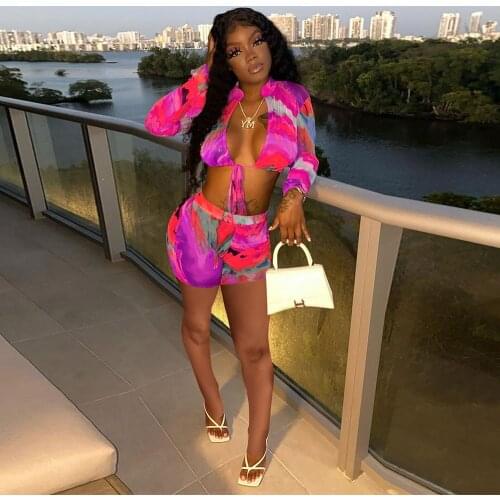Tie Dye Print Sexy 2 Piece Set Summer Outfits for Women Deep V Neck Long Sleeve Crop Top and Bodycon Short Holiday Outfit Suits