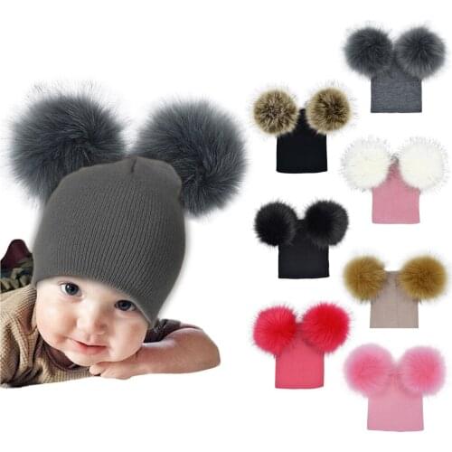 Crochet Knit Solid Winter Baby Hat Infant Baby Girls Boys Crochet Knit Winter Warm Faux Furs Ball Hat Beanie Cap шапка детская