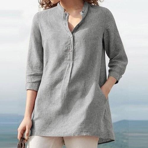 Womens Cotton Linen Stand Collar Shirt Blouse Plus Size XL Pink Solid Pocket Womens Shirts 2021 Autumn Loose Blouses Female