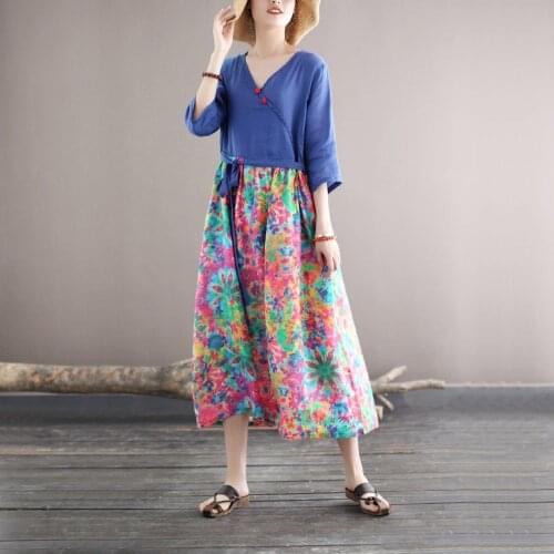 Women Loose V Neck Patchwork Ramie Dress Ladies Vintage Spliced Summer Ramie Dresses Female 2021 Ramie Dress