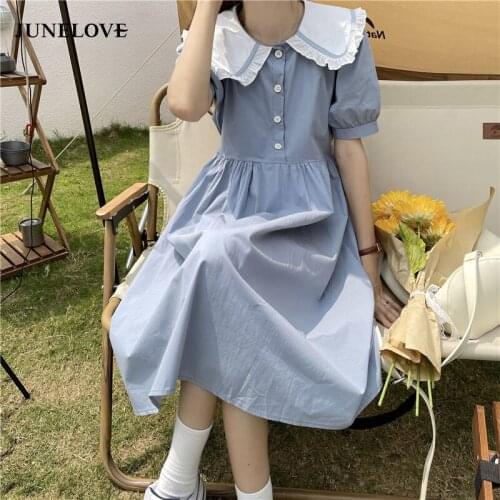 Dress Women Peter Pan Collar Midi 3 Colors Preppy Puff Sleeve College Retro Lovely Sweet Girls Holiday Soft Design Sundress Ins