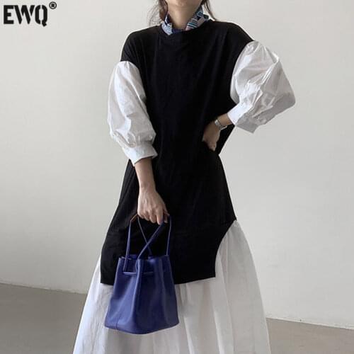 [EWQ] Women Fashion Autumn 2021 Casual New Fake Two Pieces Round Neck Waist Puff Sleeve Mid-calf Dresses Female Tide 5E2940