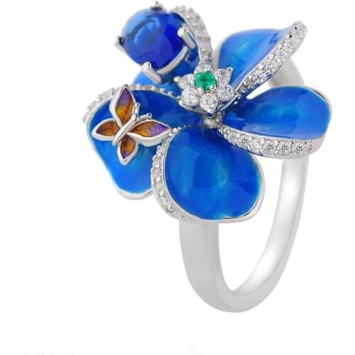 Women Jewelry Handmade Enamel Butterfly Flower Petal Silver Plated Rings For Lady Elegant Peach Blossom Wedding Rings