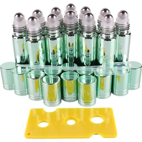 12pcs 10ml Green Essential oil UV Coated Glass Roll on Bottles Vials with Stainless Steel Roller Ball for perfume aromatherapy
