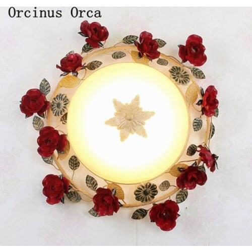 American Rural Red Rose ceiling lamp living room corridor balcony bedroom European romantic retro led flower ceiling lamp