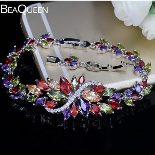 BeaQueen Sterling Silver 925 Summer Cute Crystal Jewelry Big Flower Cluster Colorful CZ Stone Bracelet for Women B055