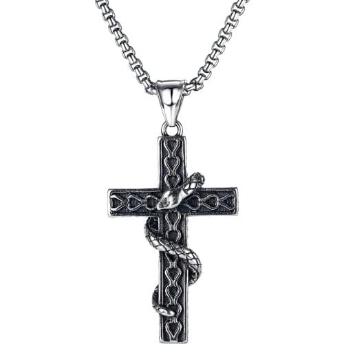 BONISKISS Retro Hiphop Punk Snake Cross Necklace Men Pendant Stainless Steel Silver Color Chain Male Jewelry 22 inches Chain
