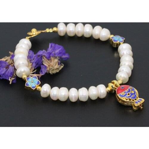 2 types Bohemia style bracelet natural white freshwater cultured abacus pearl 6*8mm beads banglcloisonne jewelry 7.5inch B2757