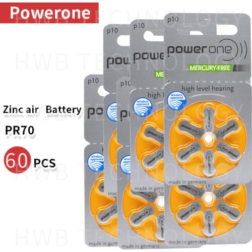 60PCS/lot(10 pack )PowerOne PR70 P10 A10 S10 zinc air button battery for Hearing aid Free shipping
