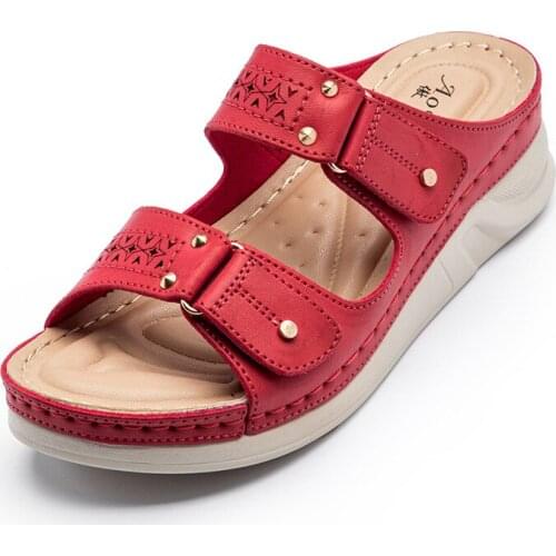Brand Design Red Woman Sandals Pu Leather Platform Slippers Openwork Breathable Mules Beach Chunky Casual Shoes Cozy Home Slides