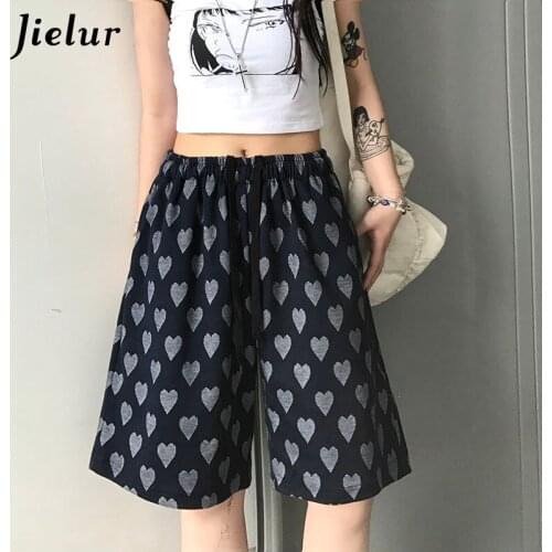 Jielur Drawstring Adjustable Five-point Shorts for Women Black Heart Pattern Loose Woman Shorts Oversize Casual Shorts M-XL 2021