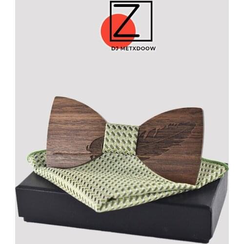 New 2018 design Classic feather noble Wood Bow Ties for Mens Wedding Suits Wooden Bow Tie Pocket Square Butterfly Shape Set