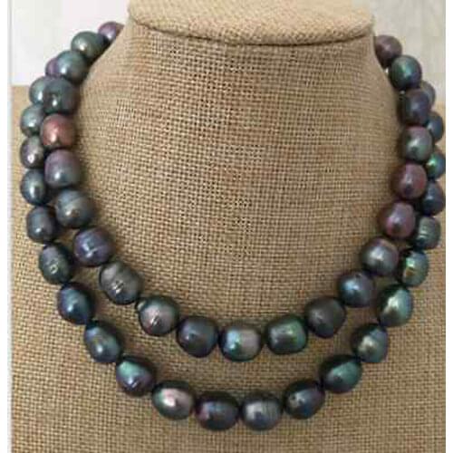Pretty Natural Genuine 10-13mm tahitian black Green baroque pearl necklace 34