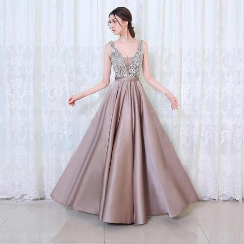 Evening Dress Formal Dress Sexy V-neck A-line Party Dress Luxury Beads Satin Evening Dresses Plus Size Robe De Soiree