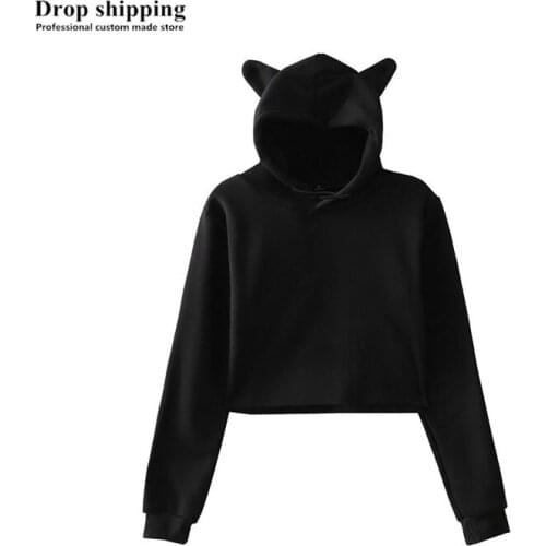 Drop Shipping Women/ Girls Crop Top Hoodies Grils Cat ears Pullovers Hooded Sweatshirts Shorts Tops Accept Custom made Logo DIY