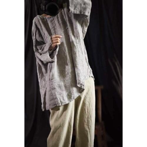 Women Linen Retro Blouse Ladies Loose Irregular Length Shirt Tops Female 2021 Vintage Flax Blouse Spring Autumn