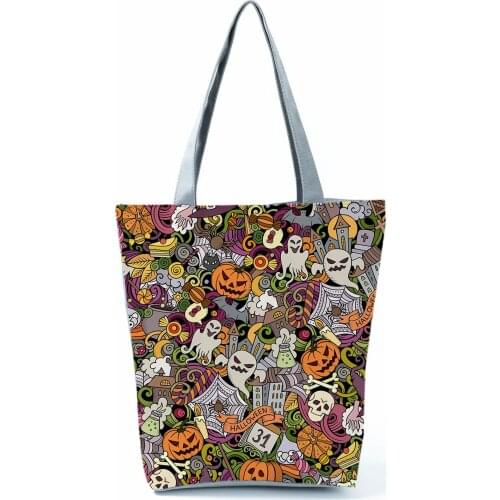 Halloween Candy Gift Bag Pumpkin Ghost Skull Printed Handbag Fashion Shoulder Bag High Capacity Shopping Bag Portable Travel Bag