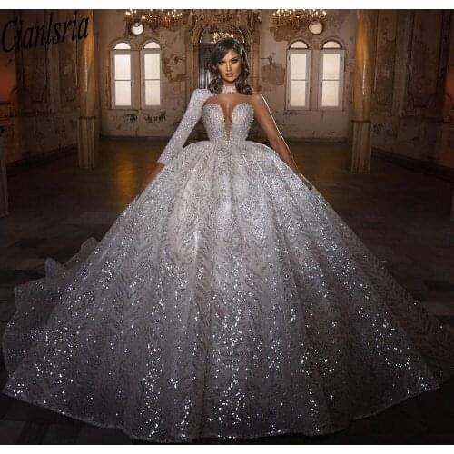 Stunning Sequins Ball Gown Wedding Dresses Crystals One Shoulder Vintage Bridal Gowns Luxurious vestido de novia