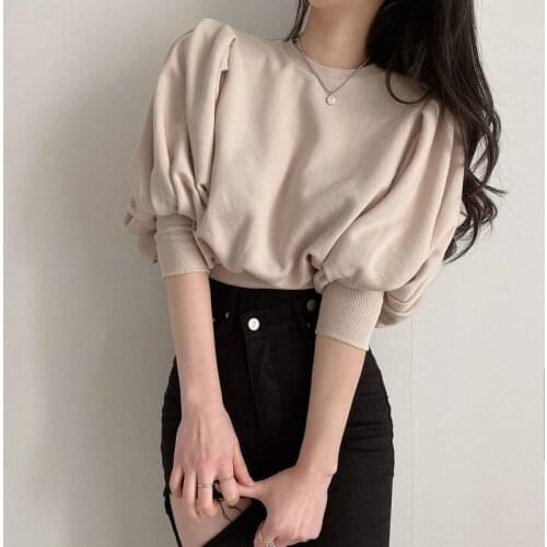 Korean Style Sweet Lantern Sleeve Pullovers Simple O-neck Loose All-match Knit Tops Summer Elegant Office Lady Knitwear Sweater
