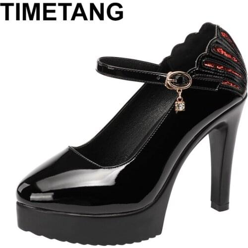 TIMETANG 2020 New Women Pumps Black High Heels 11cm Patent Leather Lady Thick With Autumn Pointed Toe Single Work Shoes Women