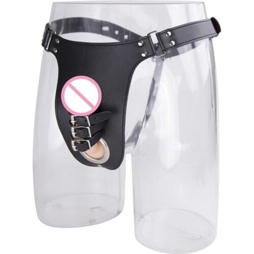 Sexy Faux Leather Men Underwear Adjustabke Cut Out Jockstrap Male Gstring Panties with Chastity Device and Metal O-Ring for Sex