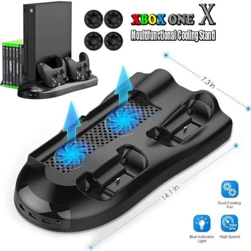 Vertical Stand for Xbox One X with Cooling Fans Dual Controller Charging Station3USB ports and Console Game Discs Storage Seat