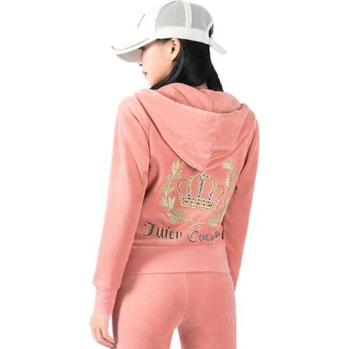 Spring Fall Womens Tracksuit Pink Color Hoodies Zipper Sweater and Elastic Trousers Suits Velet Two Piece Set S-2XL