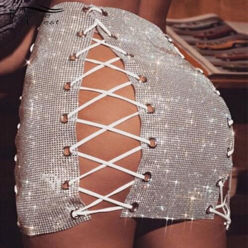 Bonnie Forest Glitter Metal Crystal Diamonds Skirts Sparkle Shining Hollow Out Diamonds Rhinestone Lace Up Mini Skirt Clubwears