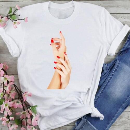 Women Graphic Nail Art Trend Style 2021 90s Cartoon Fashion Summer Female Clothes Print Short Sleeve Tops Tees Tshirt T-Shirt