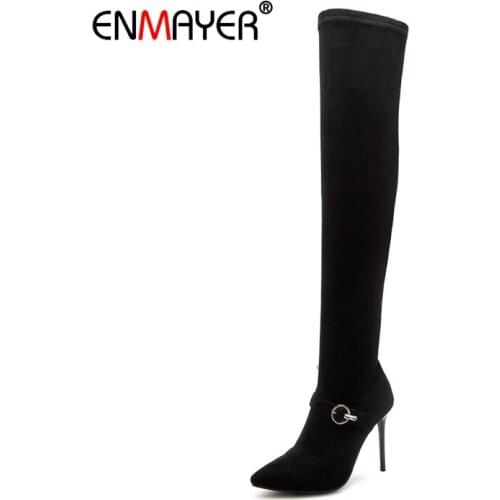 ENMAYER Woman Over The Knee boots Winter Causal Pointed toe Slip on Stretch thigh High boots Metal Zip Black Size 33-46 CR1477
