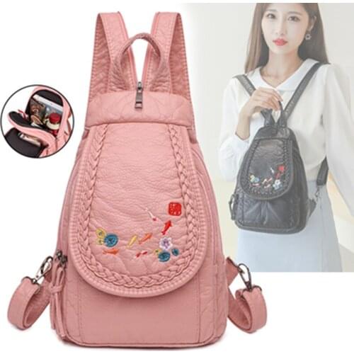 Pink Backpack 2021 Women Soft Leather Backpack Chest Shoulder Bag Travel Bagpack Embroidery School Bag for Teenage Girl Backbag