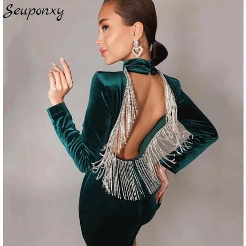 High Quality Spring 2021 Sexy Long-Sleeved Backless Diamond Tassel Velvet Dress WomenS Bodycon Celebrity Party Dress Vestidos